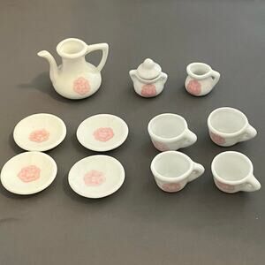 Dollhouse‎ Accessories White Pink Floral Tea Set Cups Plates Sugar Creamer Pot